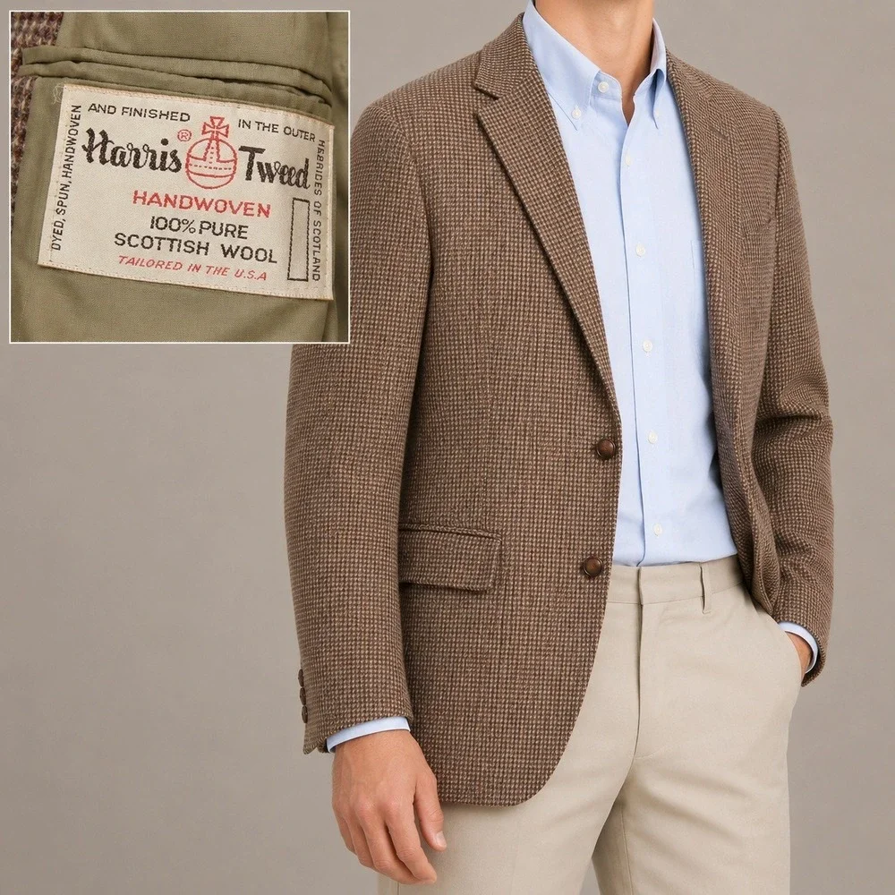 Harris Tweed Sport Coat Mens Large‎ Brown Houndstooth Blazer Academia Preppy